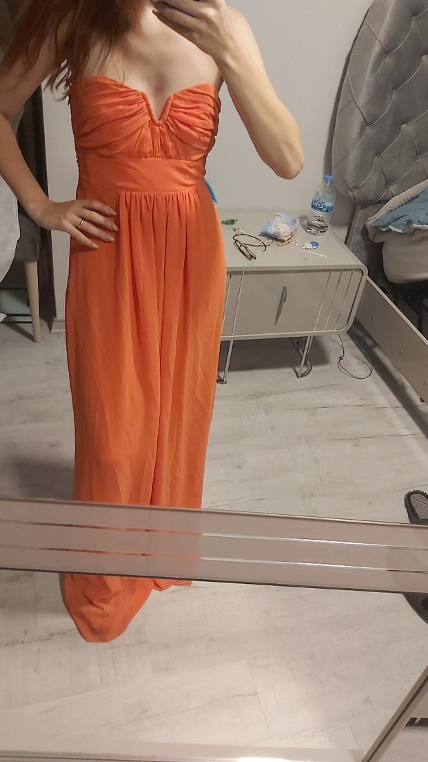 Turuncu Straplez Uzun Drapeli Elbise - Görsel 2