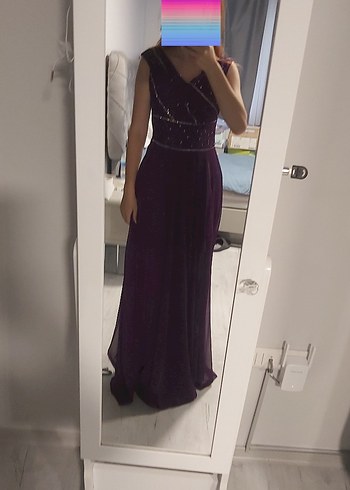 Mor Drapeli V Yaka Midi Abiye Elbise - Görsel 6