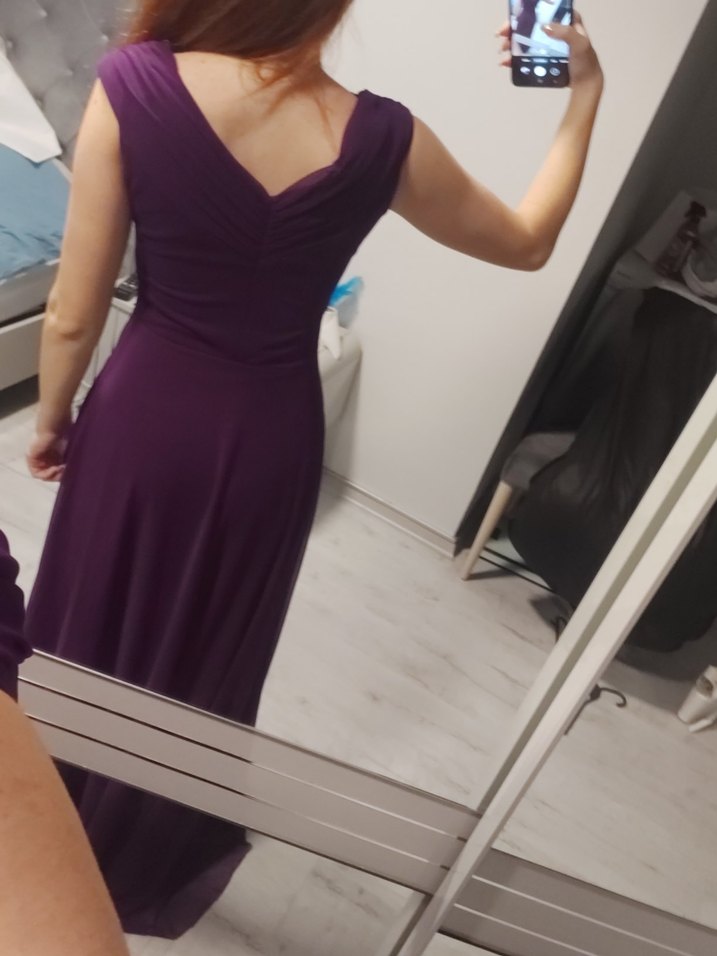 Mor Drapeli V Yaka Midi Abiye Elbise - Görsel 5