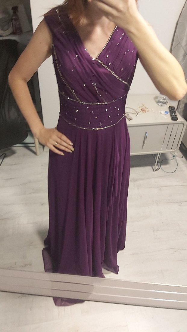 Mor Drapeli V Yaka Midi Abiye Elbise - Görsel 4