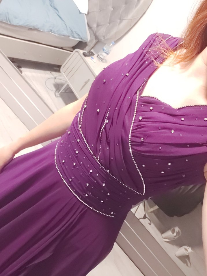 Mor Drapeli V Yaka Midi Abiye Elbise - Görsel 2