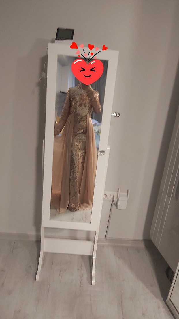 Bej Drapeli Uzun Kollu Abiye Elbise tesettür - Görsel 4