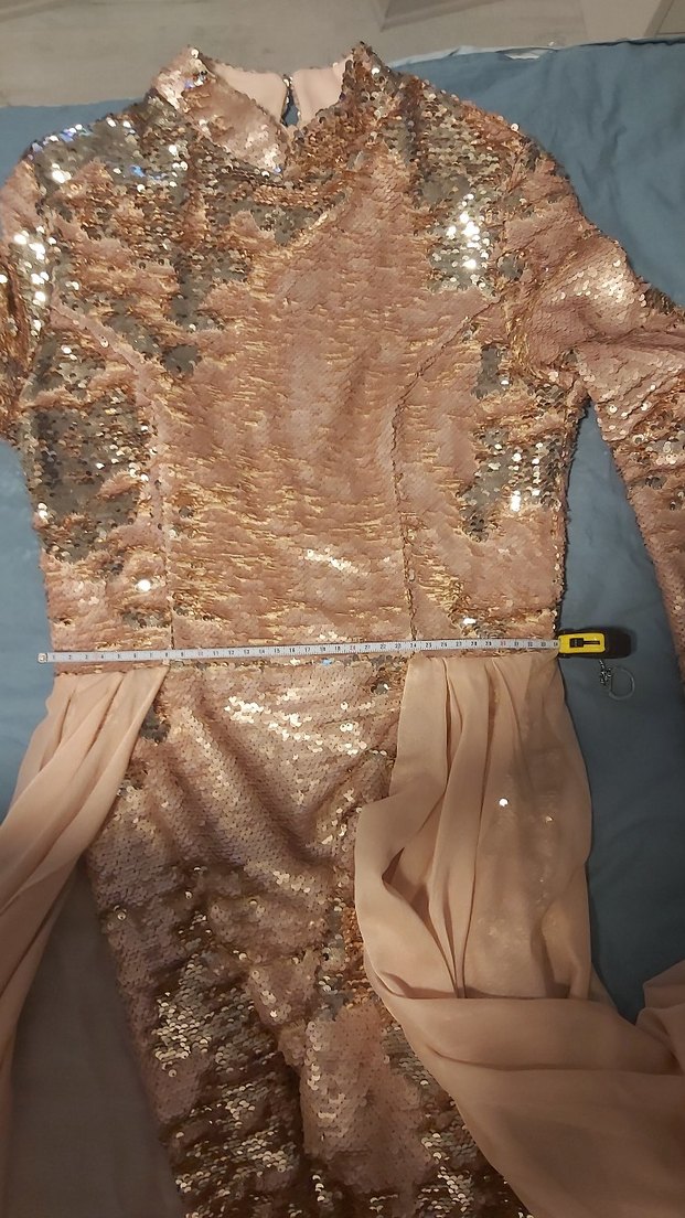 Bej Drapeli Uzun Kollu Abiye Elbise tesettür - Görsel 5