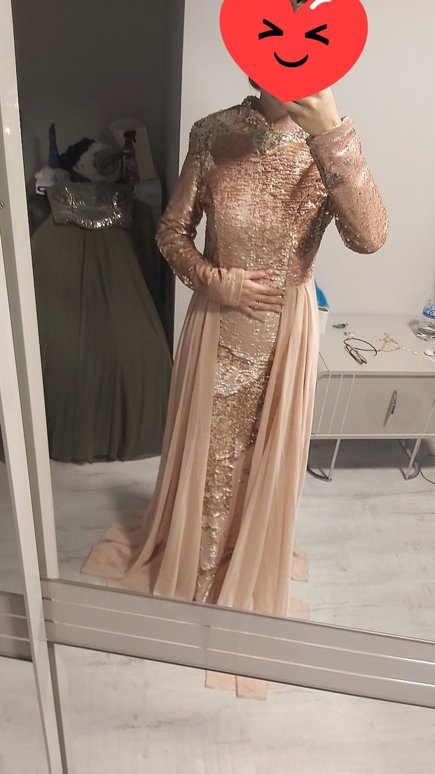 Bej Drapeli Uzun Kollu Abiye Elbise tesettür - Görsel 2