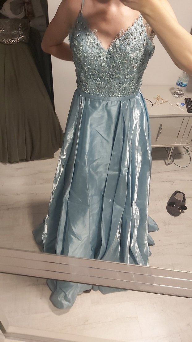 Parlak Mavi Drapeli Uzun Abiye Elbise - Görsel 2