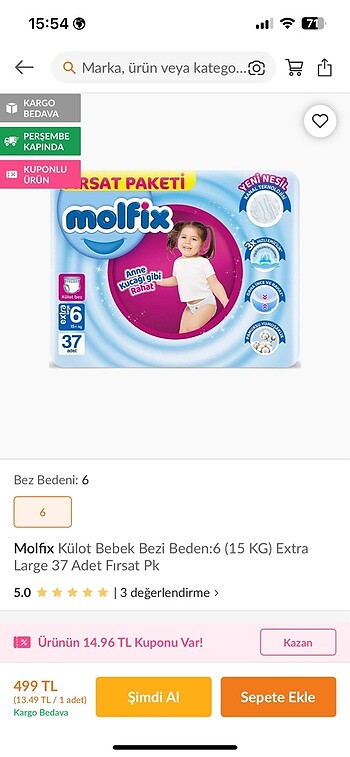 6 Beden: 16+ kg Beden Molfix bebek bezi