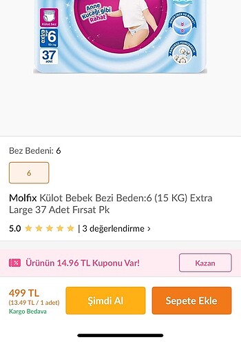 6 Beden: 16+ kg Beden Renk Molfix bebek bezi
