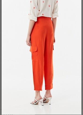 Turuncu yüksel bel kargo pantolon - Görsel 5