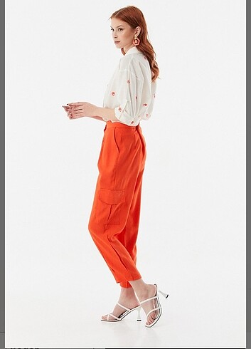 Turuncu yüksel bel kargo pantolon - Görsel 6