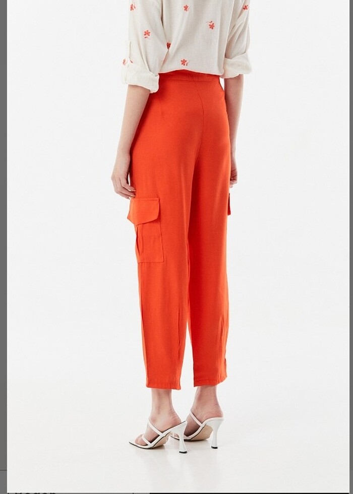 Turuncu yüksel bel kargo pantolon - Görsel 5