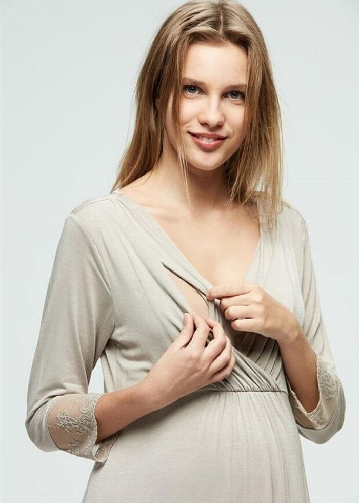 Beyaz lohusa dantel tül detaylı gecelik pijama  - Görsel 3