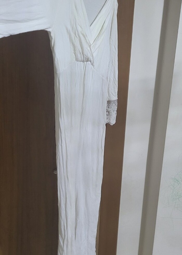 Beyaz lohusa dantel tül detaylı gecelik pijama  - Görsel 5