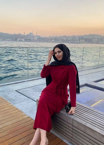 Diğer Bordo Yüksek Yakalı Uzun Kadın Elbise