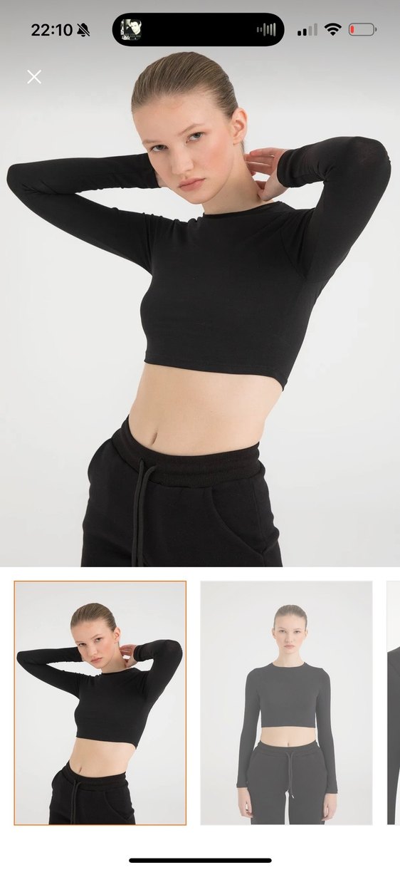 100 Pamuk Kadın Siyah Uzun Kollu Crop Top - Görsel 2