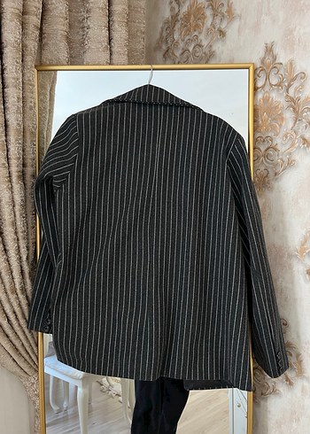 Düğmeli Siyah Çizgili Kadın Blazer Ceket - Görsel 3
