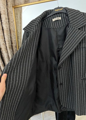 Düğmeli Siyah Çizgili Kadın Blazer Ceket - Görsel 4