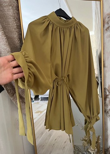 Kadın Haki Midi Kumaş Tulum Yüksek Yaka - Görsel 3