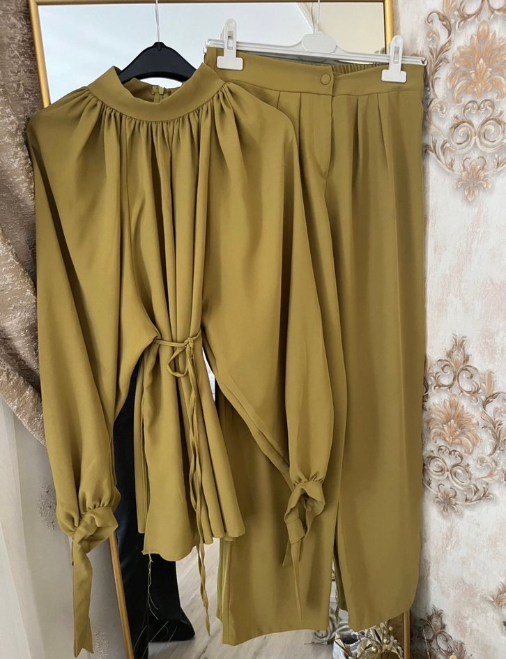 Kadın Haki Midi Kumaş Tulum Yüksek Yaka - Görsel 2