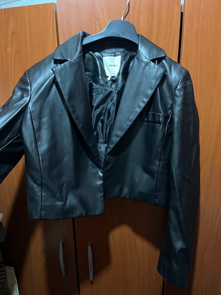 Kadın Siyah Deri Mini Ceket - Görsel 2