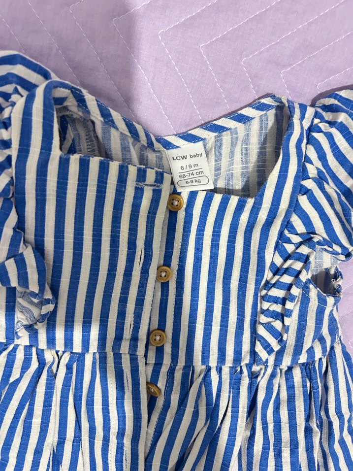 Mavi Çizgili Kız Çocuk Fırfırlı Elbise - Görsel 2