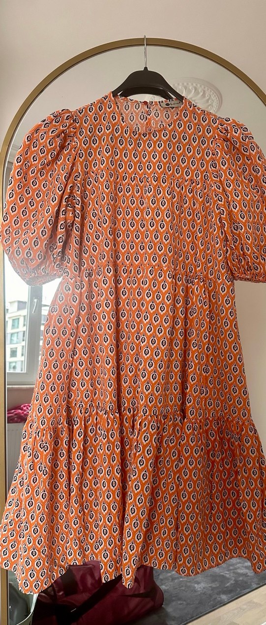 Turuncu Bohem Renkli Desenli Elbise - Görsel 2