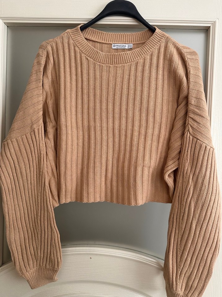 Bej Kadın Örgü Kısa Sweatshirt - Görsel 4