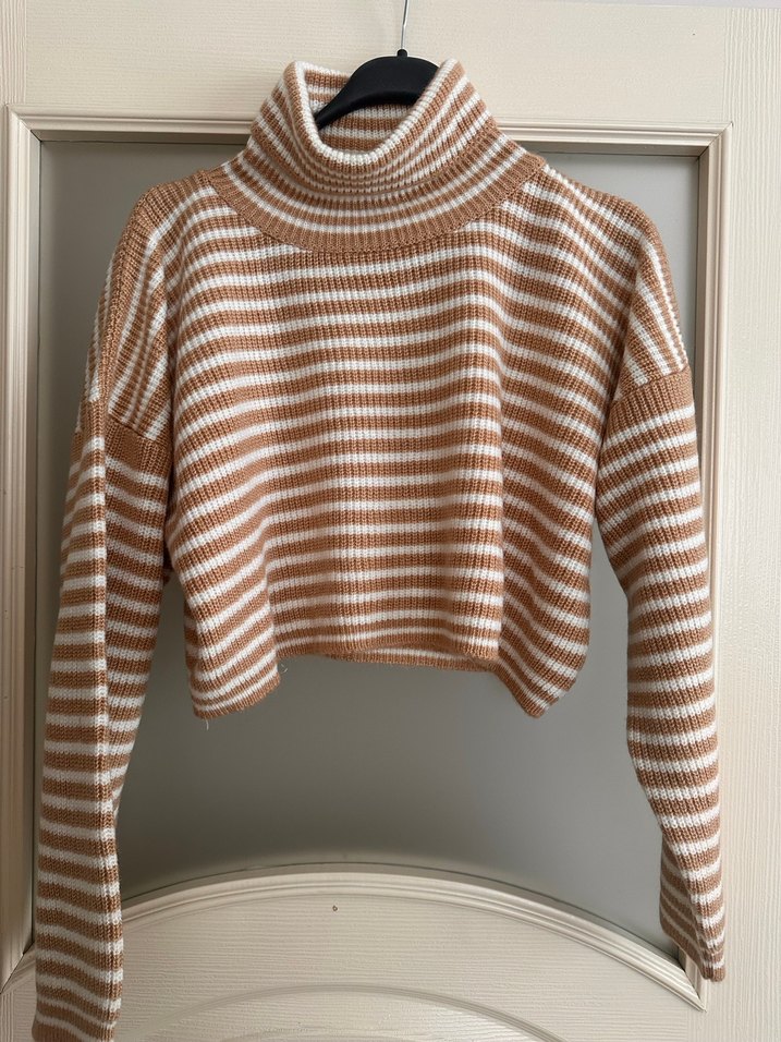 Bej Kadın Örgü Kısa Sweatshirt - Görsel 2