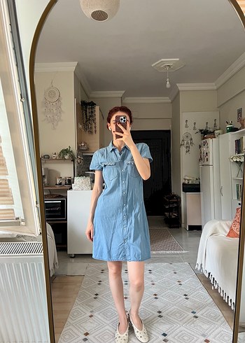 Diğer Mavi Denim Midi Elbise, Kısa Kollu, Salaş Kesim
