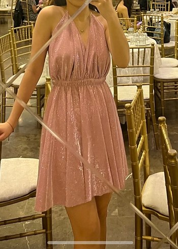 Pembe Parlak Mini Abiye Elbise - Görsel 3