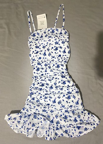 Mavi Çiçekli Beyaz Mini Kısa İpli Elbise