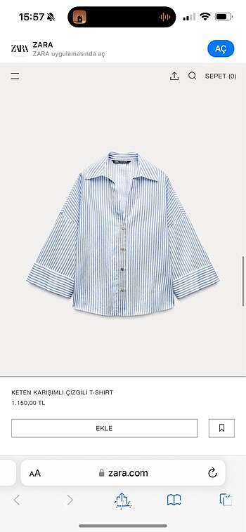 KETEN KARIŞIMLI ÇİZGİLİ T-SHIRT L ZARA