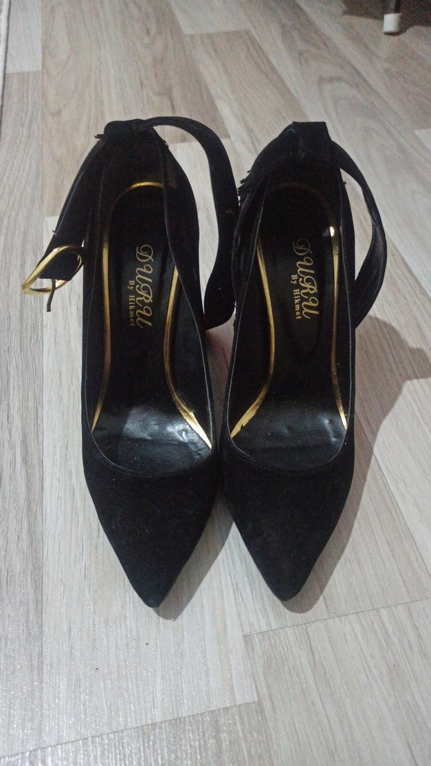 Siyah Süet Tokalı Kalın Topuklu Stiletto - Görsel 2