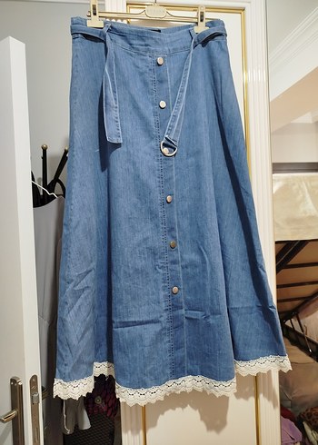 Armine Düğmeli Uzun Mavi Denim Etek kot