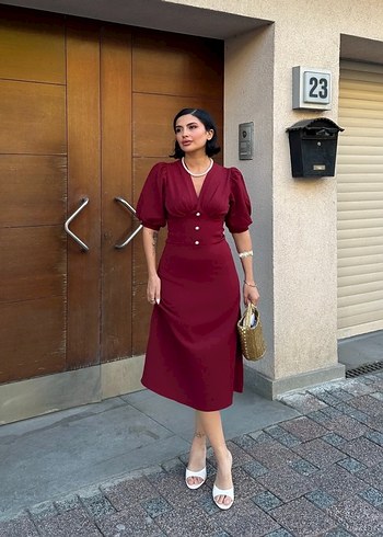 Kadın Balon Kol Bordo Midi Boy Elbise - Görsel 3