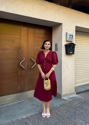 Kadın Balon Kol Bordo Midi Boy Elbise - Görsel 5