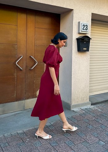 Kadın Balon Kol Bordo Midi Boy Elbise - Görsel 6