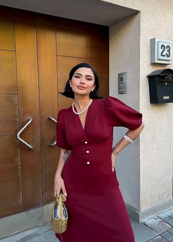 Kadın Balon Kol Bordo Midi Boy Elbise - Görsel 4