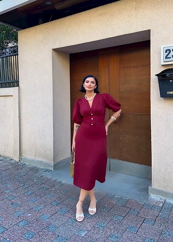 Kadın Balon Kol Bordo Midi Boy Elbise - Görsel 2