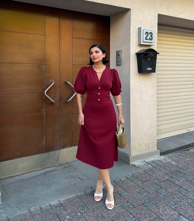 Kadın Balon Kol Bordo Midi Boy Elbise - Görsel 3