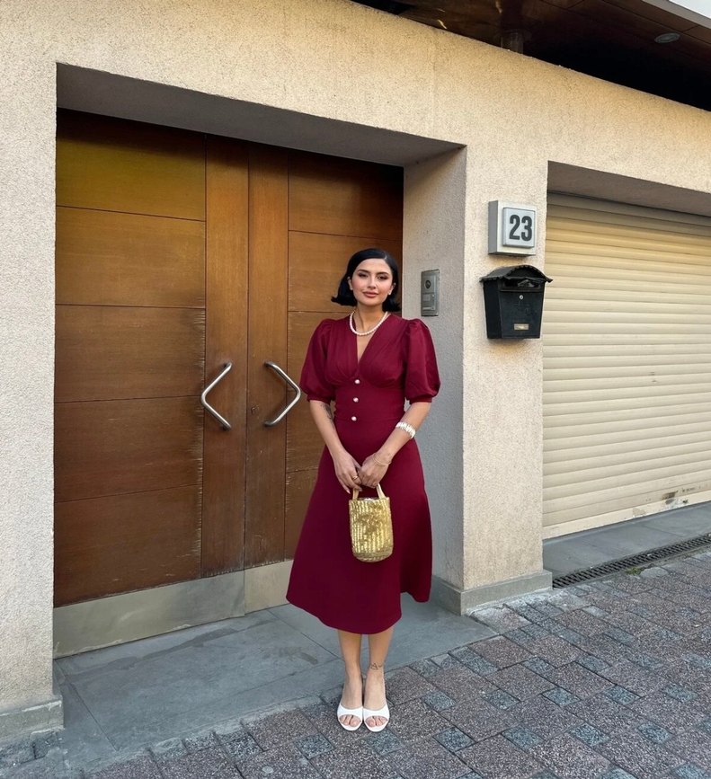 Kadın Balon Kol Bordo Midi Boy Elbise - Görsel 5