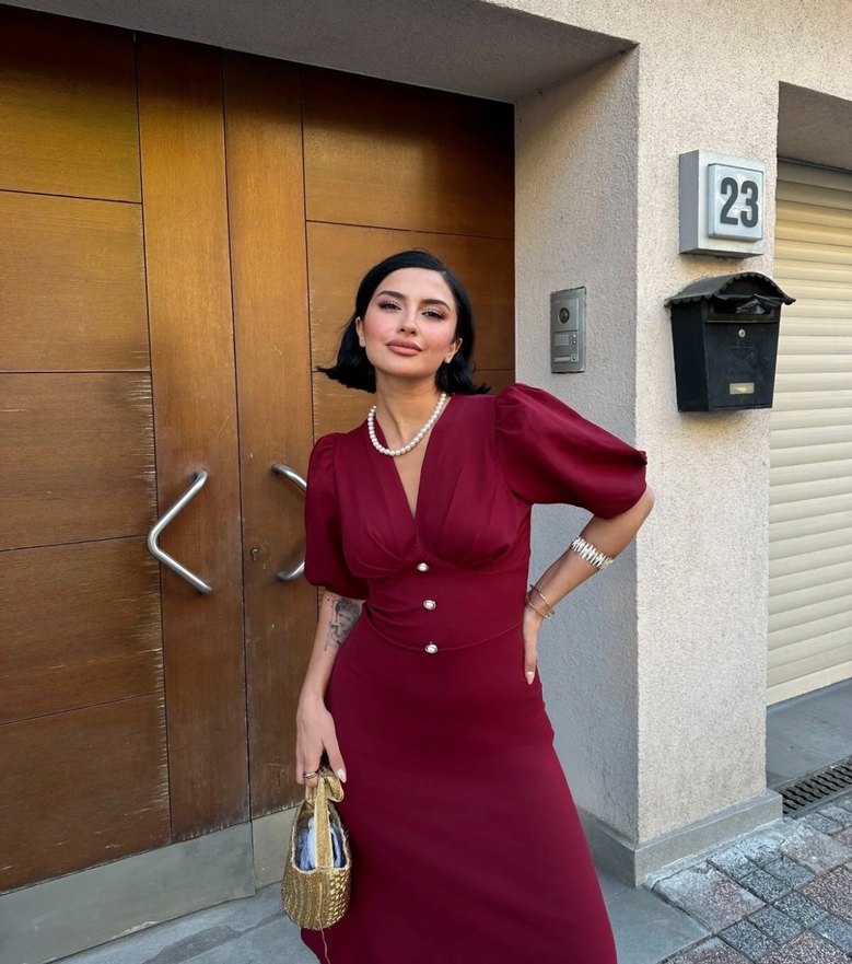 Kadın Balon Kol Bordo Midi Boy Elbise - Görsel 4