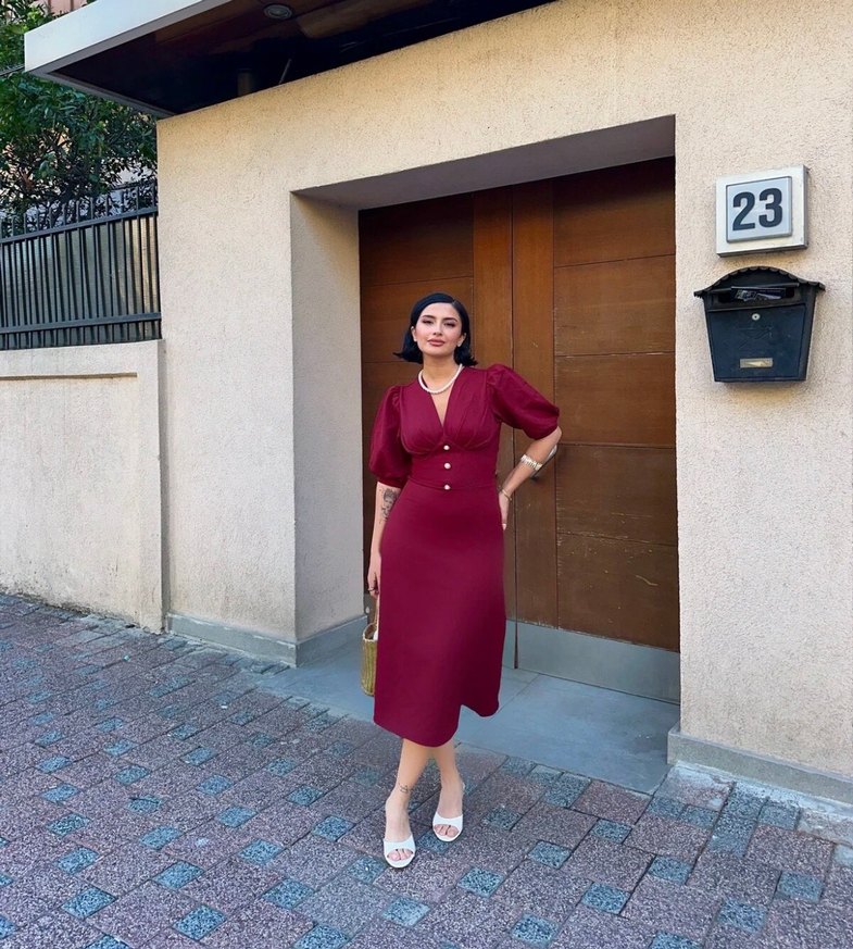 Kadın Balon Kol Bordo Midi Boy Elbise - Görsel 2