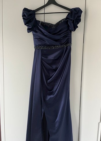 Parlak Lacivert Uzun Drapeli Abiye Elbise - Görsel 2