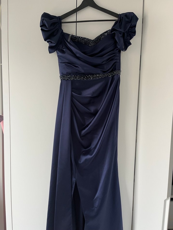 Parlak Lacivert Uzun Drapeli Abiye Elbise - Görsel 2