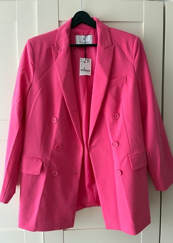 Pembe Midi Kadın Ceket, Düğmeli, Oversize