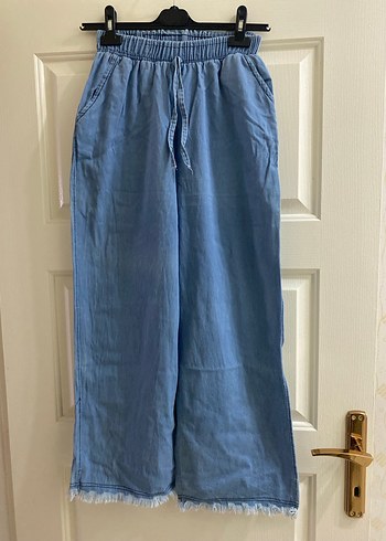 Kadın Beli Kemerli Bol Kesim Mavi Denim Pantolon - Görsel 3