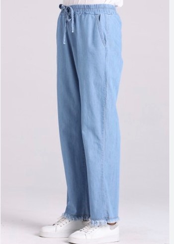 Kadın Beli Kemerli Bol Kesim Mavi Denim Pantolon - Görsel 2