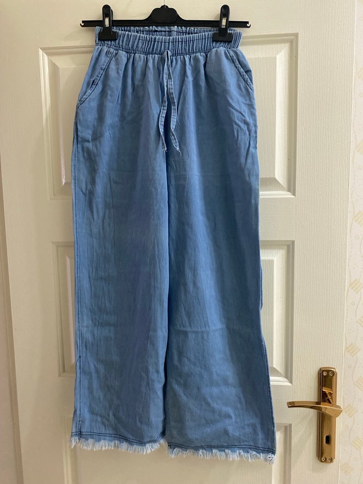 Kadın Beli Kemerli Bol Kesim Mavi Denim Pantolon - Görsel 3