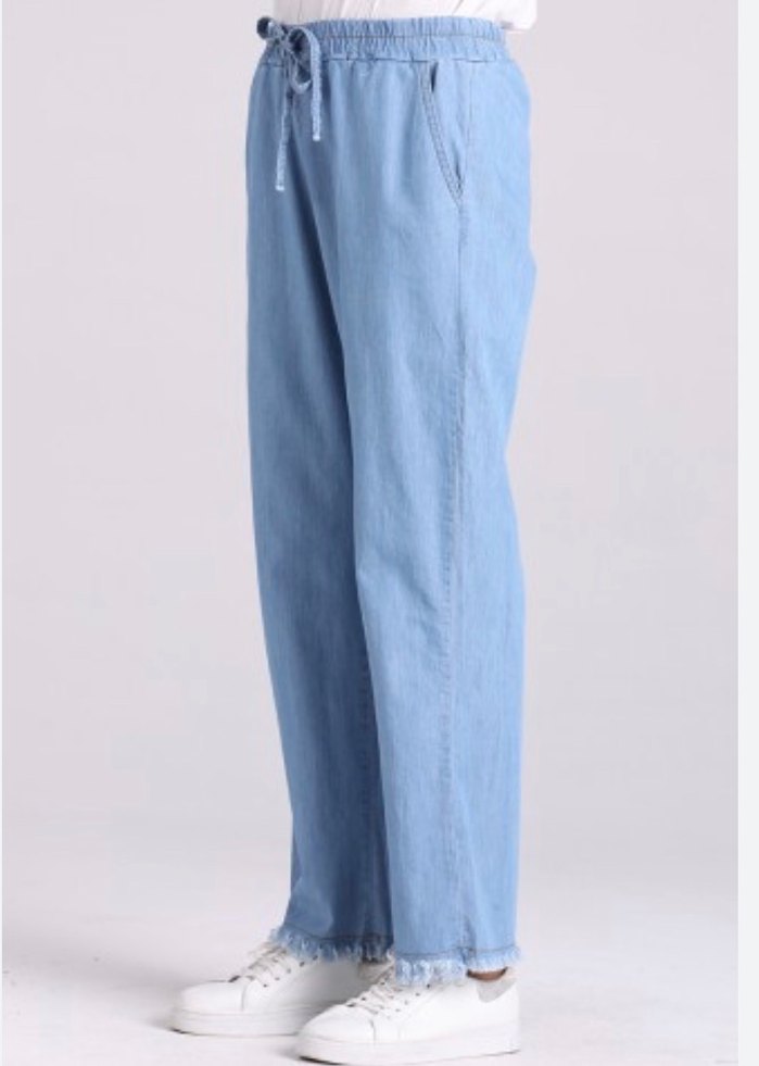 Kadın Beli Kemerli Bol Kesim Mavi Denim Pantolon - Görsel 2