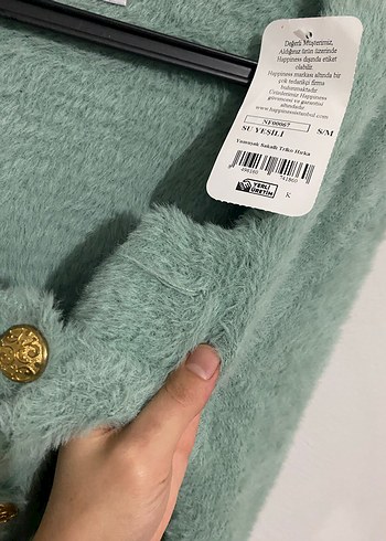 Düğmeli Yeşil Mini tüylü Yumoş Triko Hırka - Görsel 4